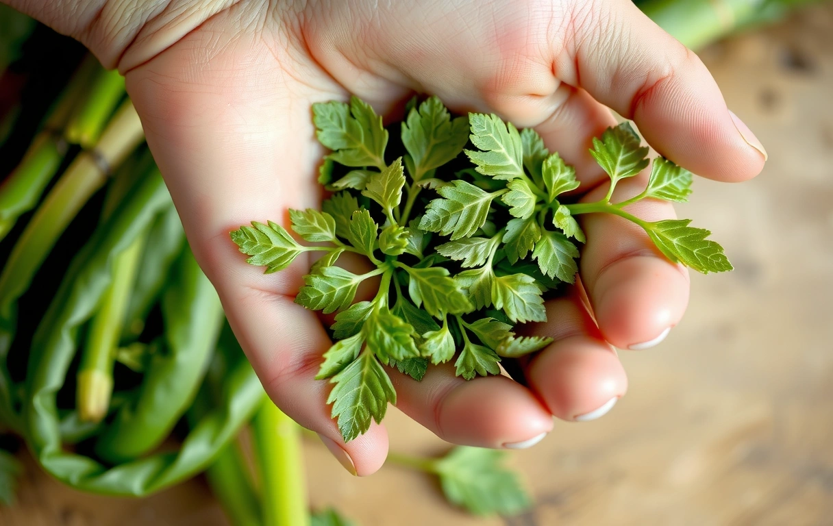 A close-up of a hand gently holding a handful of fresh, vibrant green herbs, symbolizing nurturing and natural care.
