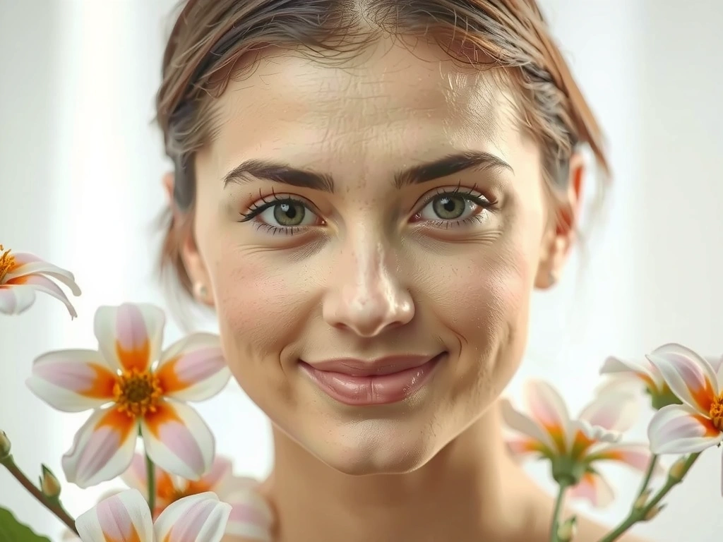 A close-up of a woman's radiant face with soft, clear skin, surrounded by delicate floral elements, symbolizing women's beauty and skincare.