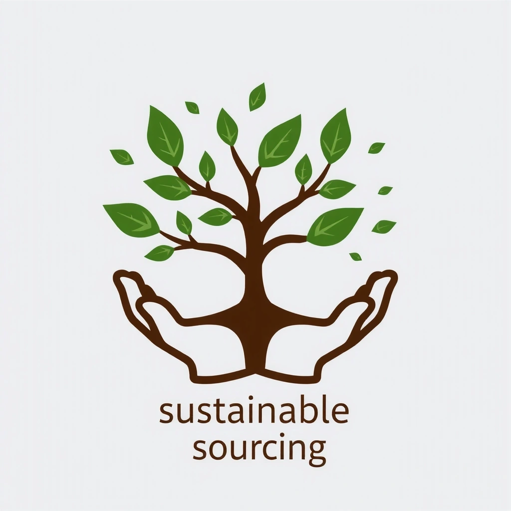 An abstract icon showing a tree growing from a pair of cupped hands, symbolizing sustainable sourcing and ecological practices.
